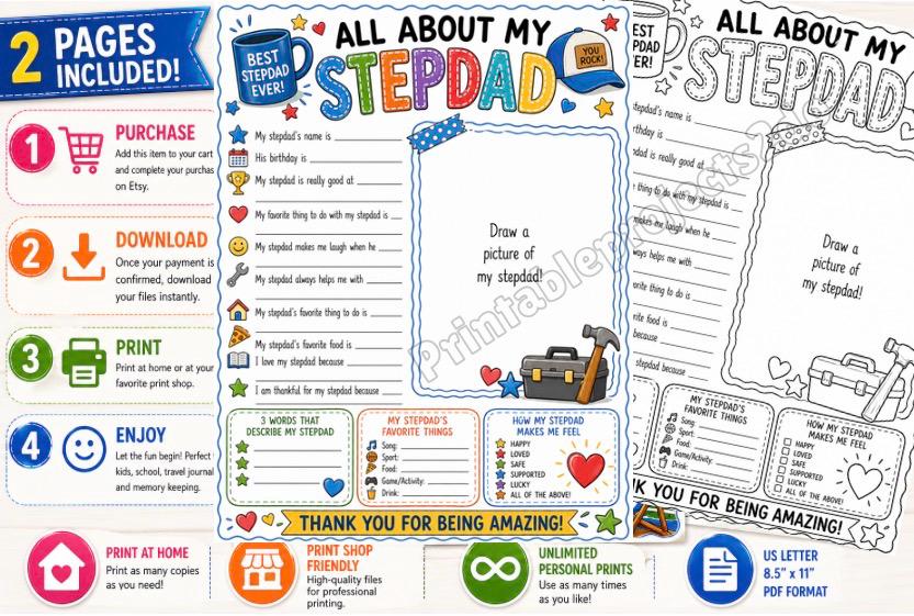Step Dad Questions Printable All About My Stepdad Printable Worksheet, Father’s Day Stepdad Gift ...