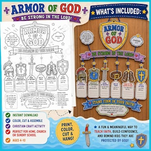 A printable Armor of God craft activity featuring a black and white template and a colored, assembled mobile. The design includes a shield, helmet, breastplate, sword, belt, and shoes with text labels and Bible verses from Ephesians 6:11.
