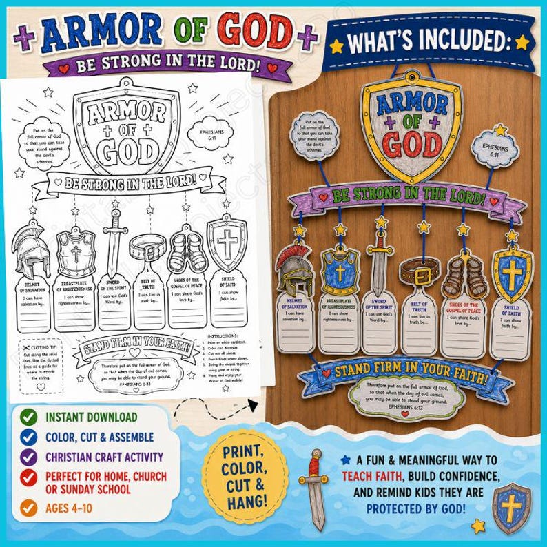 A printable Armor of God craft activity featuring a black and white template and a colored, assembled mobile. The design includes a shield, helmet, breastplate, sword, belt, and shoes with text labels and Bible verses from Ephesians 6:11.