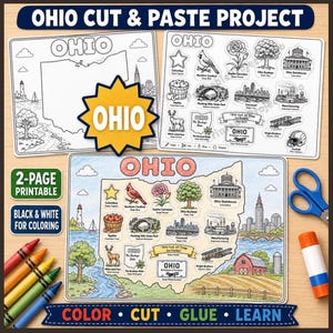 May include: An Ohio cut and paste project featuring printable activity sheets with state symbols like the cardinal, buckeye tree, and statehouse. Includes a map outline, colouring pages, and educational cutouts for a hands-on learning experience.