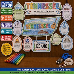 May include: A printable Tennessee state educational craft set featuring a large map, a license plate, and various themed tags with illustrations of mountains, a guitar, a steamboat, and landmarks, accompanied by colored crayons, scissors, and string.