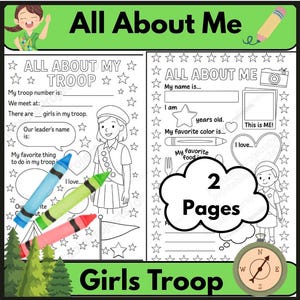 May include: A two-page printable activity sheet titled All About Me and All About My Troop featuring black and white line art of a scout, stars, and fill-in-the-blank sections. Three crayons in blue, green, and red are layered over the left page.