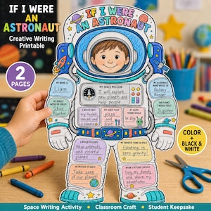 May include: A creative writing printable shaped like an astronaut suit with the title If I Were An Astronaut. The paper features fill-in-the-blank sections for a child to write their name, mission, and space preferences, decorated with colorful space illustrations.