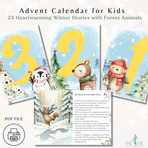 Könnte beinhalten: Adventskalender für Kinder mit 24 herzerwärmenden Wintergeschichten mit Waldtieren. Das Bild zeigt Illustrationen eines Pinguins, eines Hirsches und eines Bären mit einer winterlichen Waldszene. Der Text "Advent Calendar for Kids" steht oben.