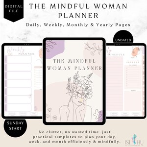 Könnte beinhalten: Digitaler Planer mit dem Titel "The Mindful Woman Planner" mit täglichen, wöchentlichen, monatlichen und jährlichen Seiten. Das Cover zeigt eine Strichzeichnung einer Frau mit Blumen und einem Kolibri. Enthält undatierte und Sonntag-Start-Optionen.