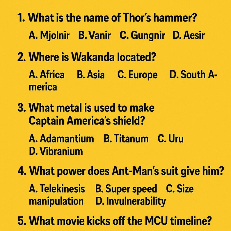 MCU Quiz Printable | Marvel Cinematic Universe Trivia Game | Superhero ...