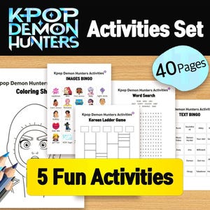 Kpop Demon Hunters Activity Pack  | 5 Bundle, 40 Printable Pages – Coloring, Bingo, Word Search & Party Games for Teens, Classroom