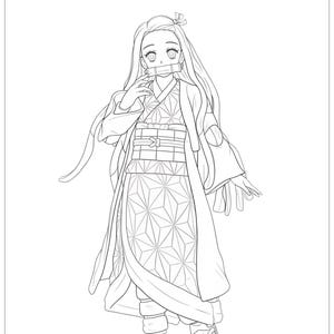 May include: Line art illustration of a character from "Demon Slayer". The character is wearing a kimono with a geometric pattern, a long coat, and sandals. The text "Demon Slayer" is at the top.