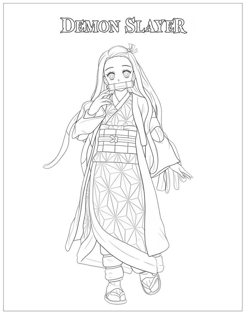 May include: Line art illustration of a character from "Demon Slayer". The character is wearing a kimono with a geometric pattern, a long coat, and sandals. The text "Demon Slayer" is at the top.