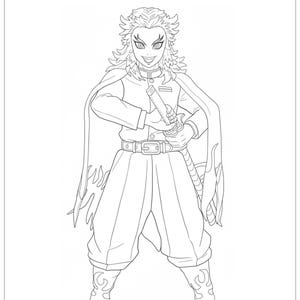 May include: Line art illustration of a character from "Demon Slayer" holding a sword. The character is wearing a uniform with a cape and has spiky hair. The text "Demon Slayer" is at the top.