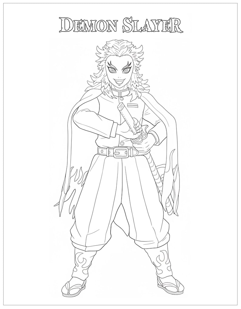 May include: Line art illustration of a character from "Demon Slayer" holding a sword. The character is wearing a uniform with a cape and has spiky hair. The text "Demon Slayer" is at the top.