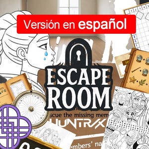 May include: An illustration for an escape room game, featuring a crying woman, a compass, and various puzzle elements. The title "ESCAPE ROOM" is prominently displayed, along with the text "Versión en español". The image includes a variety of game-related graphics.
