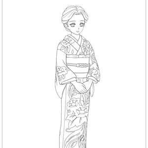May include: Black and white line drawing of a character from "Demon Slayer" in a floral kimono. The image is designed for colouring. The words "Demon Slayer" are printed at the top of the image.