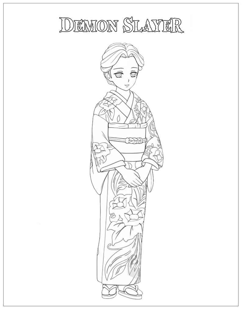 May include: Black and white line drawing of a character from "Demon Slayer" in a floral kimono. The image is designed for colouring. The words "Demon Slayer" are printed at the top of the image.