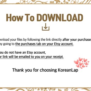 May include: A digital download guide with instructions on how to download files after purchase. The text includes "How To DOWNLOAD" and instructions on Etsy account access. A cluster of pink hearts is in the lower right corner.