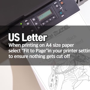 May include: A black printer with a green power light and control buttons is printing a black and white illustration. Text on the image reads "US Letter" and instructions for printing on A4 paper.
