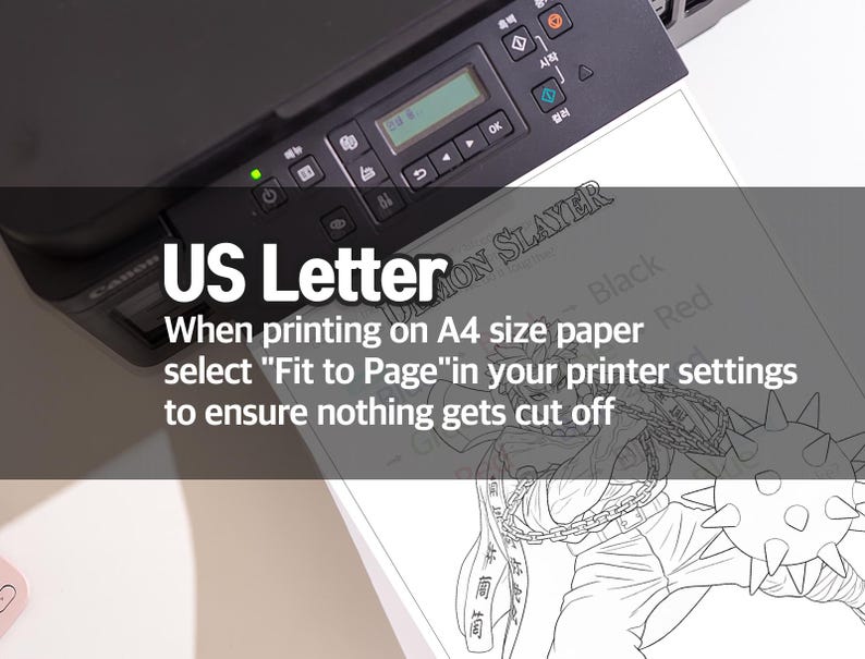 May include: A black printer with a green power light and control buttons is printing a black and white illustration. Text on the image reads "US Letter" and instructions for printing on A4 paper.
