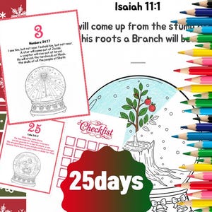 May include: A Christmas-themed coloring book with the text "25days" and Bible verses. The pages include illustrations of a snow globe, a tree, and a checklist. Coloured pencils are arranged along the right side.