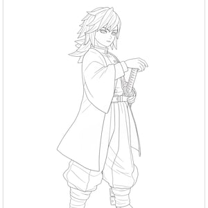 May include: Line art illustration of a character from "Demon Slayer" holding a sword. The character is wearing a traditional outfit with wide trousers and a long coat. The text "DEMON SLAYER" is at the top of the image.