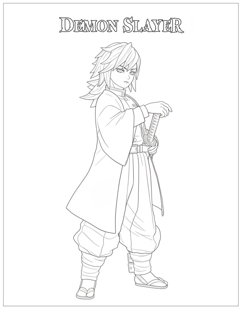 May include: Line art illustration of a character from "Demon Slayer" holding a sword. The character is wearing a traditional outfit with wide trousers and a long coat. The text "DEMON SLAYER" is at the top of the image.