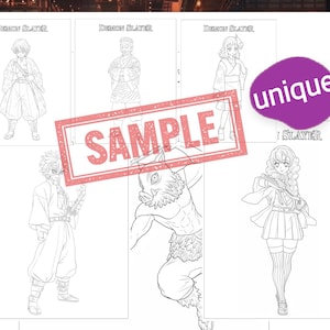May include: A selection of black and white line drawings of characters from "Demon Slayer." The images are on white paper, with a red "SAMPLE" stamp and a purple "unique" sticker. The illustrations show different characters in various poses.