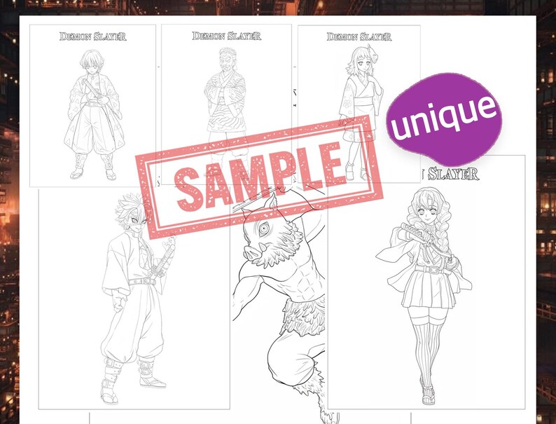 May include: A selection of black and white line drawings of characters from "Demon Slayer." The images are on white paper, with a red "SAMPLE" stamp and a purple "unique" sticker. The illustrations show different characters in various poses.