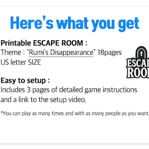 May include: A white graphic with blue text that reads "Here's what you get." It lists a printable escape room with the theme "Rumi's Disappearance," 18 pages, US letter size. Includes instructions and a setup video link.