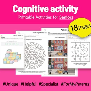 May include: A collection of printable cognitive activity sheets for seniors, featuring puzzles, coloring pages, and visual challenges. The sheets are designed to stimulate the mind and are labeled with the text "Cognitive activity" and "Printable Activities for Seniors". The image also includes the text "18 Pages".