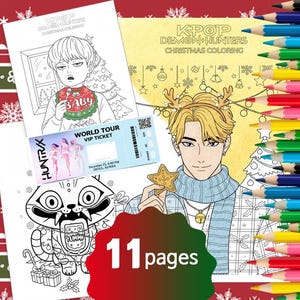 Może przedstawiać: Kolekcja kolorowanek KPOP Demon Hunters Christmas z ilustracjami postaci w stylu anime. Zawiera bilet VIP i zestaw kredek. Na okładce napisano "11 stron".