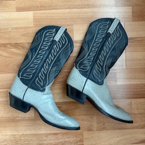 Vintage Tony Lama Mens Grey Black Blue Leather Western Cowboy Boots Size 10 R
