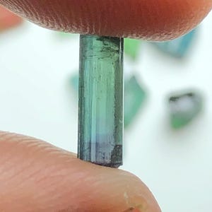 May include: A close-up of a tourmaline crystal held between two fingers. The crystal is a vibrant blend of green and blue hues, with a cylindrical shape and a slightly rough texture. Other small, similar crystals are visible in the background.