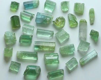 May include: A collection of raw tourmaline crystals in various shades of green and blue-green. The crystals are translucent and have a natural, rough texture. Some crystals are long and rectangular, while others are more irregular in shape.