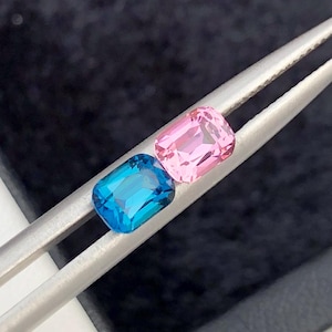 Può includere: Due gemme sfaccettate, una azzurra e una rosa, sono tenute da una pinzetta d'argento. Le gemme hanno una forma rettangolare con angoli tagliati. Lo sfondo è una superficie scura e sfocata.