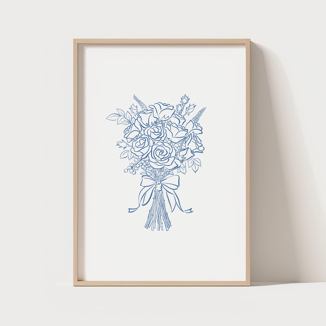 Blue Floral Line Art Print – Botanical Bouquet Wall Decor (digital ...