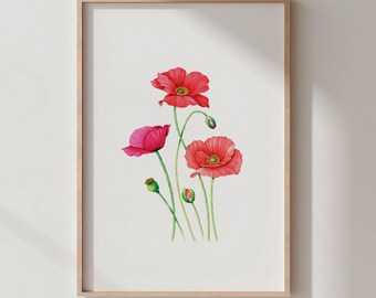 Aquarell Mohnblumen Druck, botanische Wandkunst (digitaler Download)
