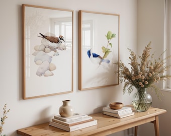 Arte mural de aves en acuarela, impresiones de aves playeras y azules (descarga digital)