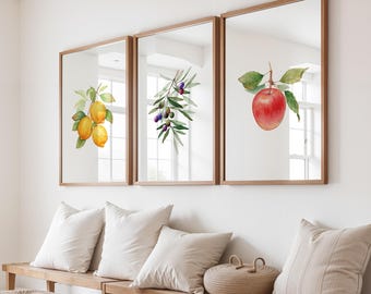 Watercolor Fruit Print Set, Lemon Olive Apple Artwork (Digital Download)