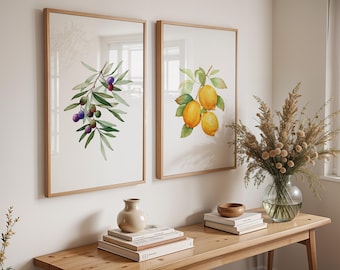 Watercolor Olive and Lemon Print Set, Kitchen Botanical Art (Digital Download)