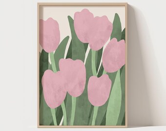 Pink Tulip Print: Floral Botanical Illustration, Modern Home Decor (Digital Download)