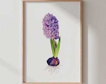 ヒヤシンスの花瓶の水彩画：春の花のアートプリント（デジタル