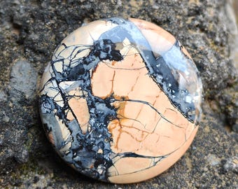 May include: A circular gemstone with a distinctive pattern. The stone displays a mix of tan, grey, and black hues, with detailed veining and a polished surface. The stone is set against a textured, grey background.