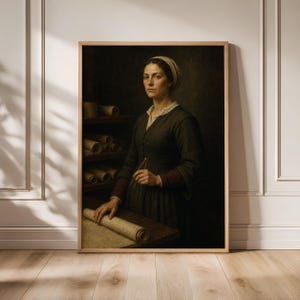 May include: A framed wall art print depicting a portrait of a person wearing a head covering and a dark green long-sleeved garment. The individual holds a metal drafting compass while standing beside a wooden table with rolled parchment documents.