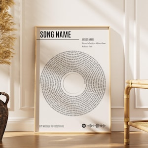 Può includere: Una stampa incorniciata con una cornice color oro. La stampa presenta un design circolare con testi di canzoni, un cerchio centrale e testo in alto e in basso. Il testo include "SONG NAME", "ARTIST NAME" e "Gift Message Here (Optional)".