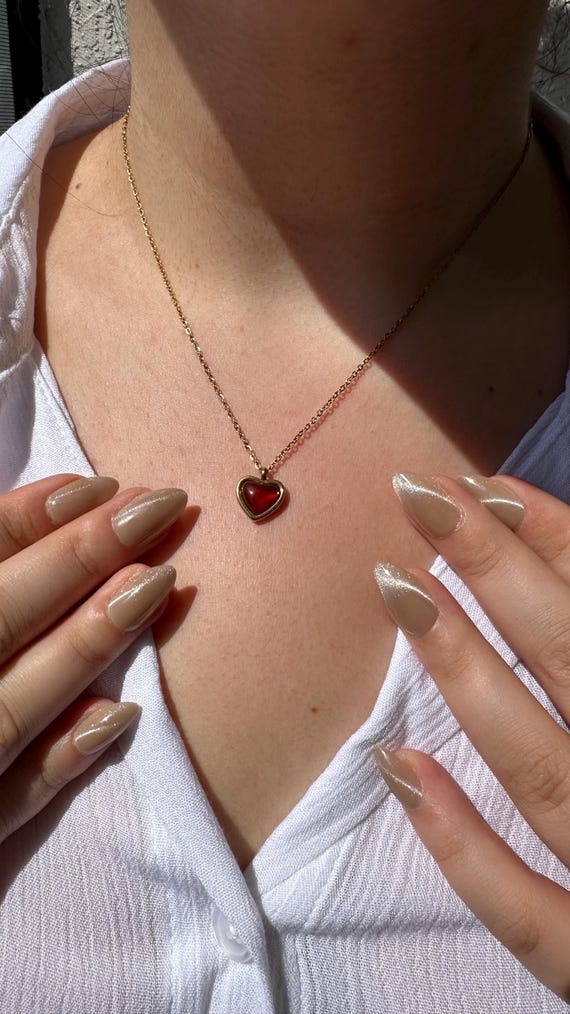 18K Gold Heart Necklace: Red Opal Stainless Steel Pendant