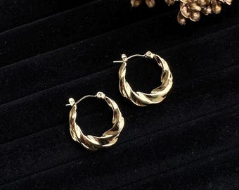 Stainless Steel Hoop Twisted Earrings •18k Gold Plated •Everyday Wear