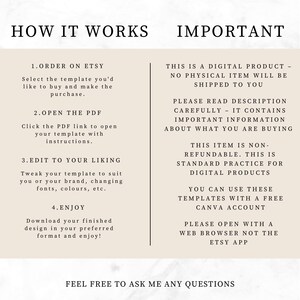 May include: A beige digital product information sheet with black text. The text includes instructions on how to order, open, edit, and enjoy a template. It also states the product is digital and non-refundable.