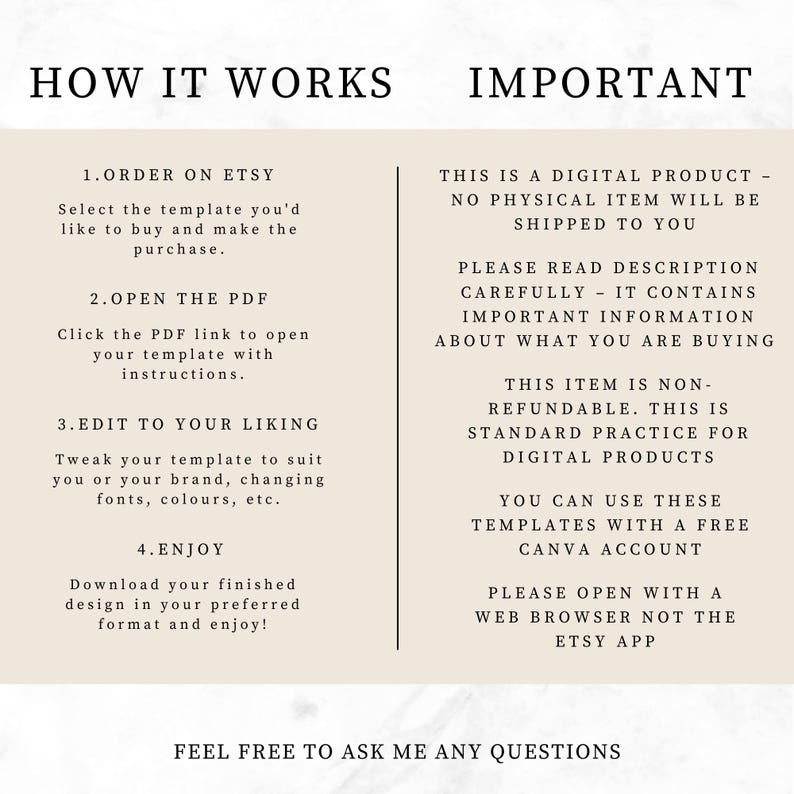 May include: A beige digital product information sheet with black text. The text includes instructions on how to order, open, edit, and enjoy a template. It also states the product is digital and non-refundable.