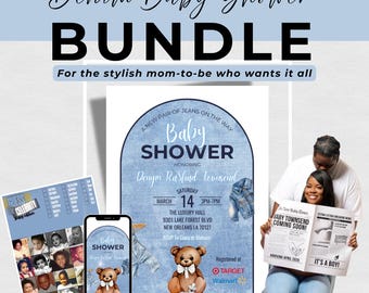 Denim Baby Shower Bundle, Boy Invitation, Animated Invite, Game, Photo Prop