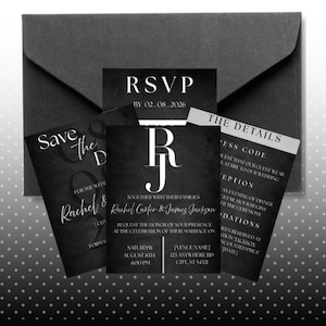 Black and White Wedding Invitation Suite | Editable Canva Template | Save the Date, RSVP, Details Card | Printable Modern Wedding Invite Set
