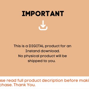 May include: A digital product announcement on a peach background. The word "IMPORTANT" is in bold black letters above a white downward arrow icon. Text below states this is a digital product for instant download, with no physical product shipped.